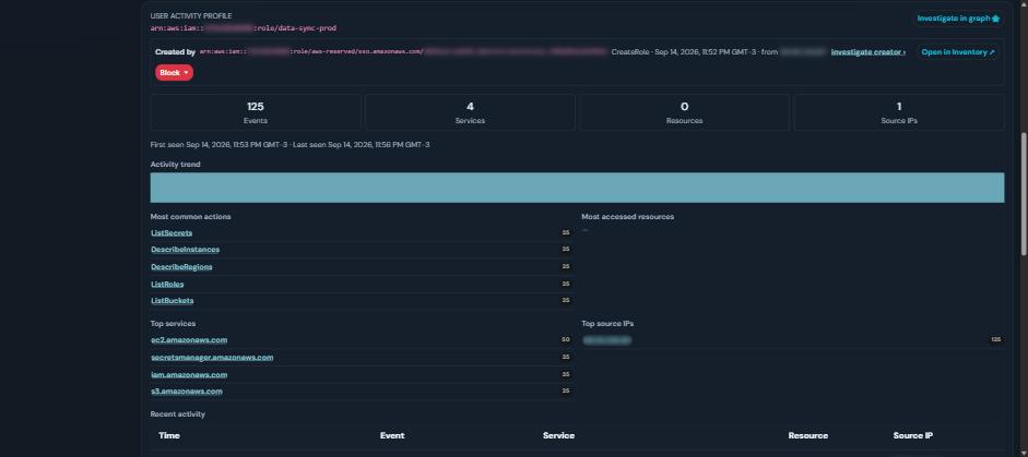 The User Profile for the role: event count, services, resources, source IPs and the activity trend